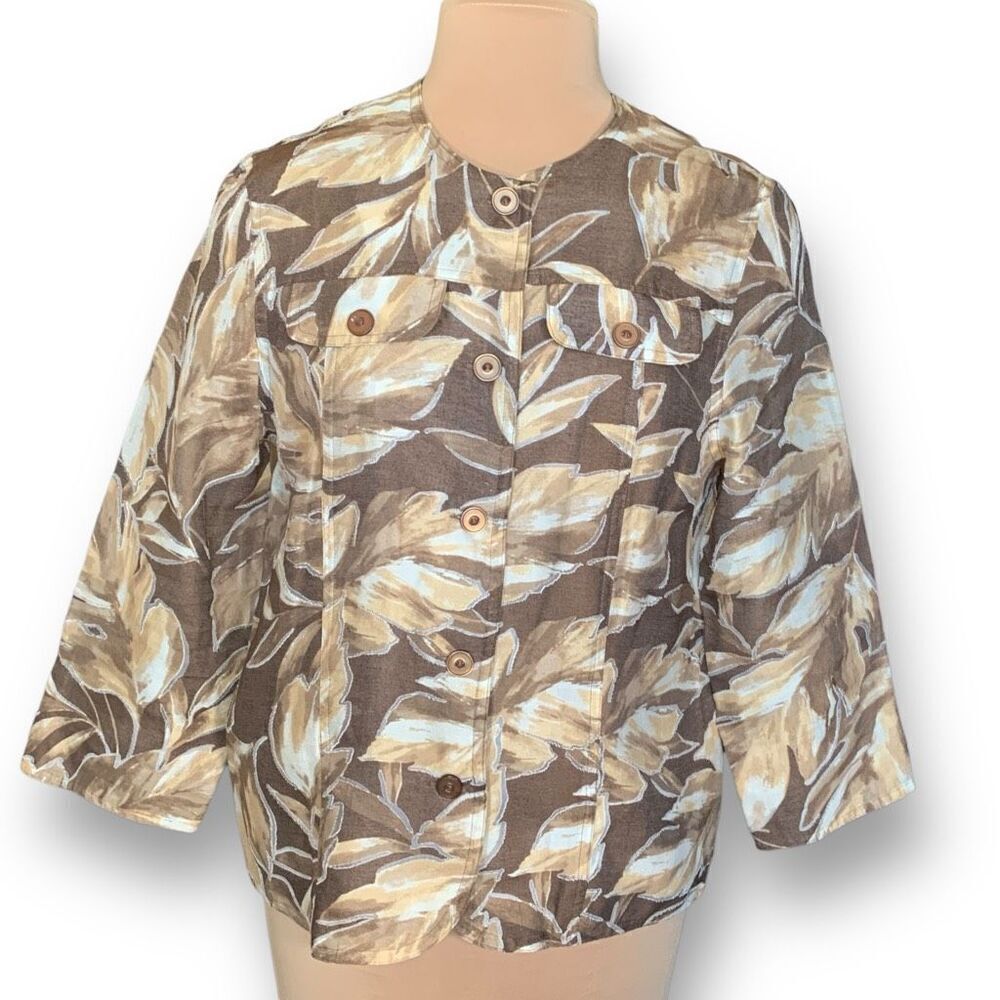 Vintage Jacket Brown Leaf Print Collarless Blazer Lightweight Summer 10